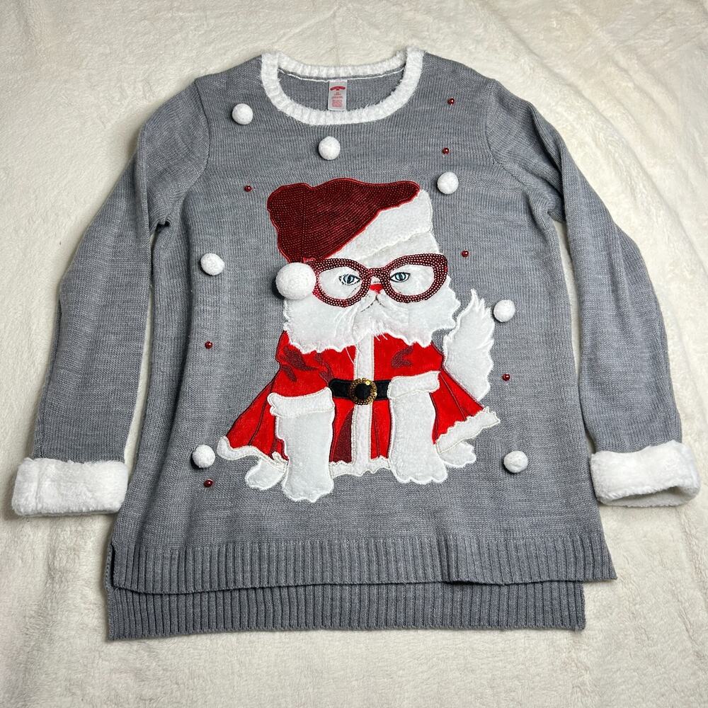 Ugly Christmas Sweater Sequined Santa Cat Kitten Women's Size 0X 14W